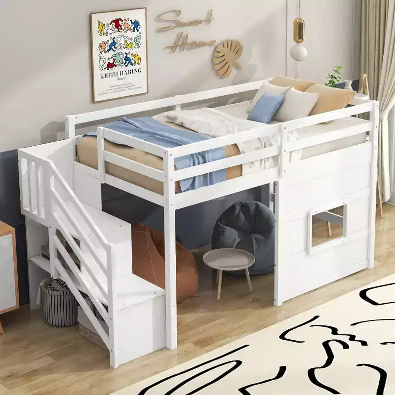 Lit mezzanine double en bois Whisen de 240,8 cm de long x 106,2 cm de large avec escalier de rangement et fenêtre