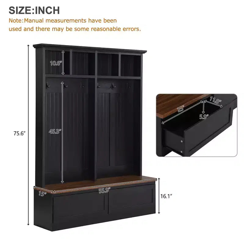 Meuble d'entrée Whisen de style ferme 4-en-1 avec banc en grain de bois, 2 grands tiroirs et 6 crochets noirs