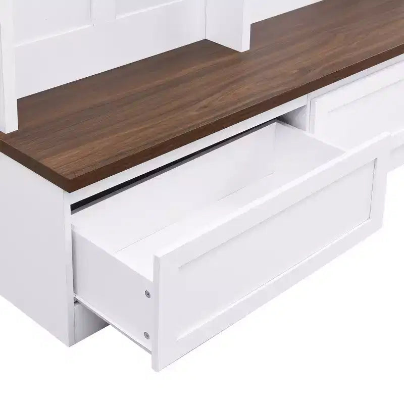 Meuble d'entrée Whisen de style ferme 4-en-1 avec banc en grain de bois, 2 grands tiroirs et 6 crochets noirs