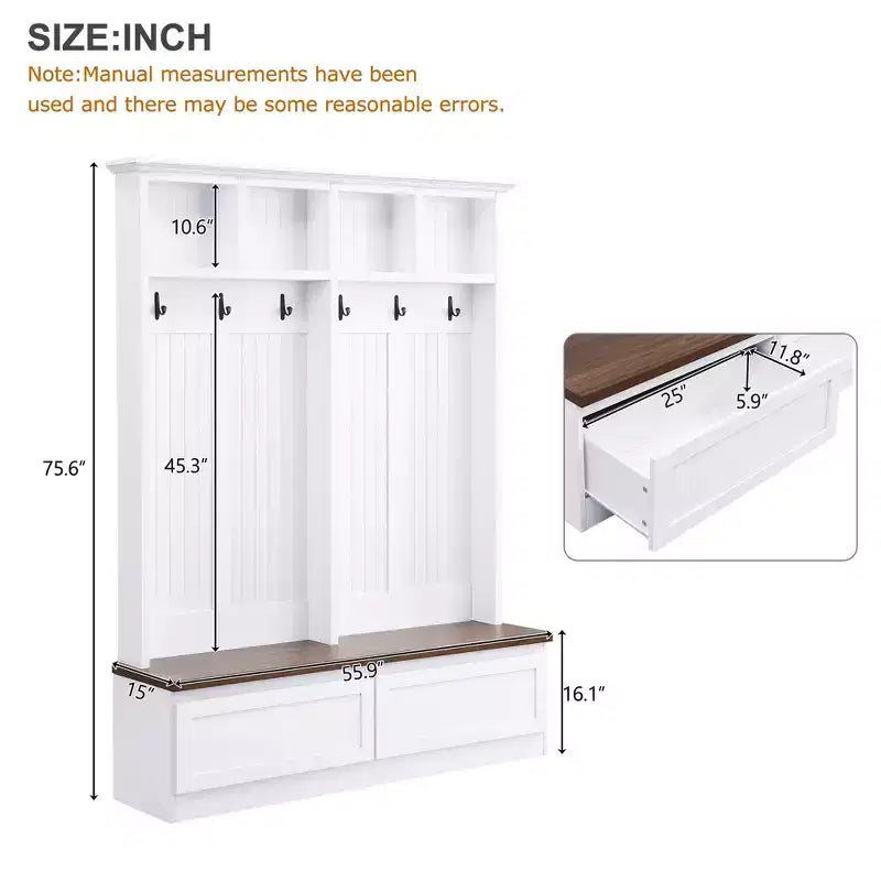 Meuble d'entrée Whisen de style ferme 4-en-1 avec banc en grain de bois, 2 grands tiroirs et 6 crochets noirs
