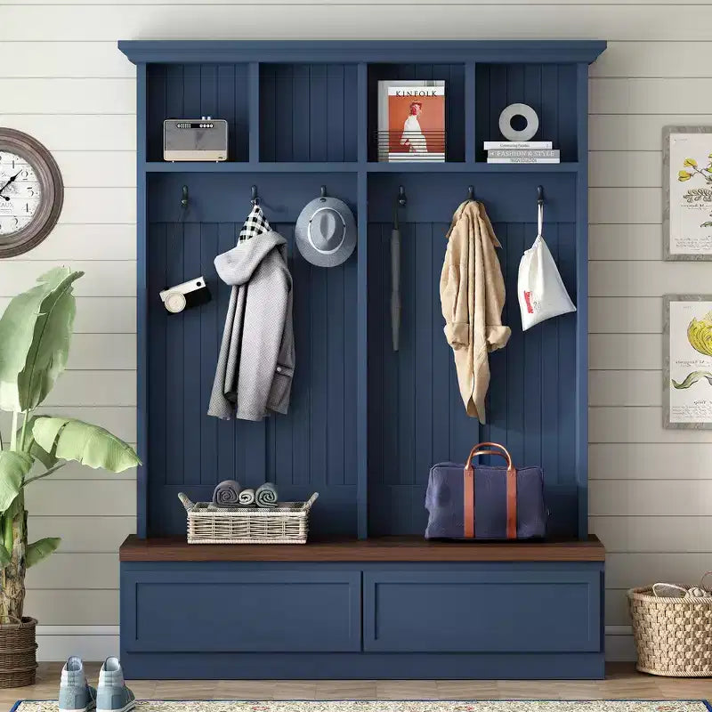 Meuble d'entrée Whisen de style ferme 4-en-1 avec banc en grain de bois, 2 grands tiroirs et 6 crochets noirs