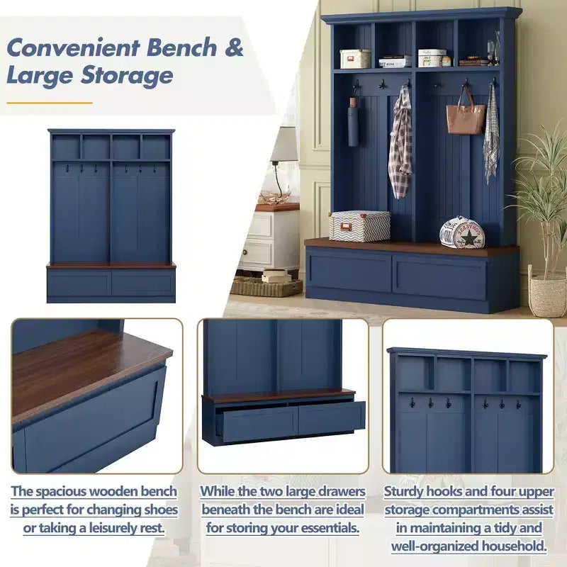 Meuble d'entrée Whisen de style ferme 4-en-1 avec banc en grain de bois, 2 grands tiroirs et 6 crochets noirs