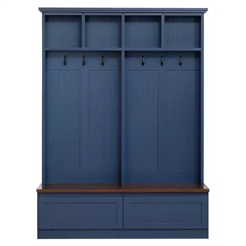Meuble d'entrée Whisen de style ferme 4-en-1 avec banc en grain de bois, 2 grands tiroirs et 6 crochets noirs