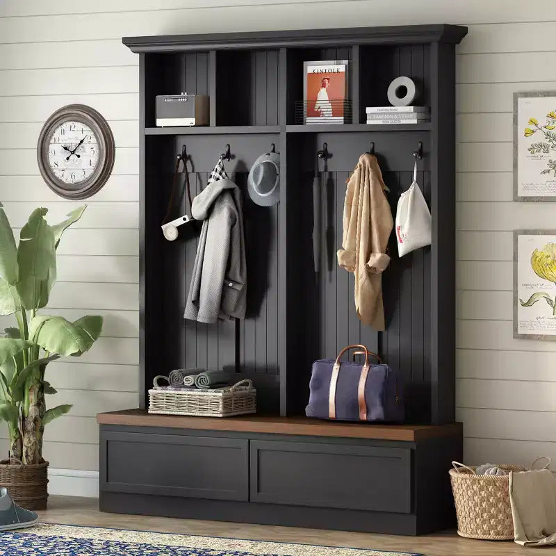 Meuble d'entrée Whisen de style ferme 4-en-1 avec banc en grain de bois, 2 grands tiroirs et 6 crochets noirs