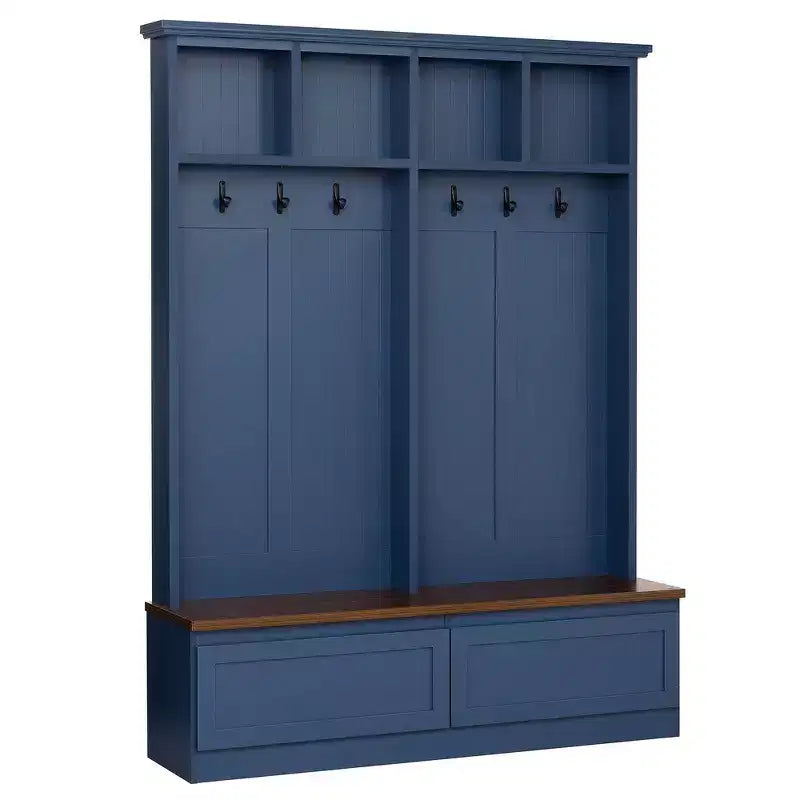 Meuble d'entrée Whisen de style ferme 4-en-1 avec banc en grain de bois, 2 grands tiroirs et 6 crochets noirs