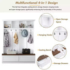 Meuble d'entrée Whisen de style ferme 4-en-1 avec banc en grain de bois, 2 grands tiroirs et 6 crochets noirs
