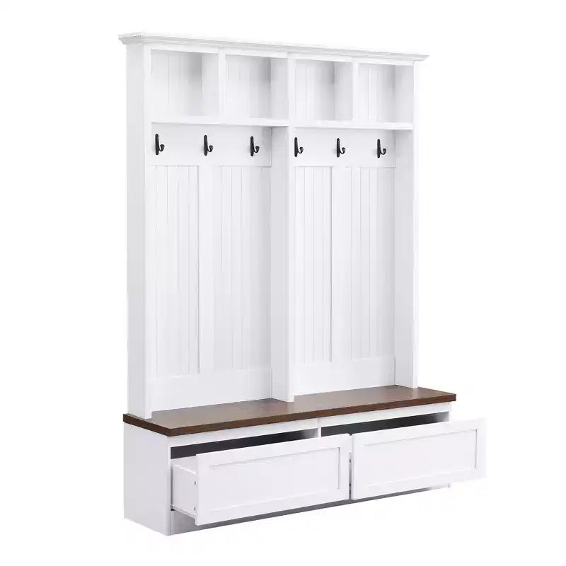 Meuble d'entrée Whisen de style ferme 4-en-1 avec banc en grain de bois, 2 grands tiroirs et 6 crochets noirs