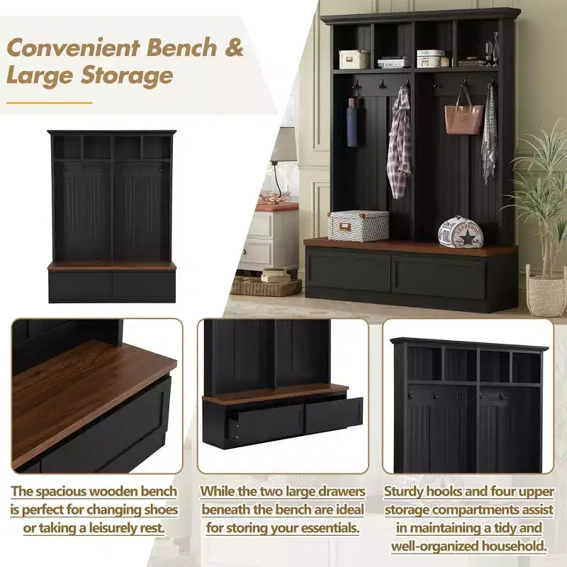 Meuble d'entrée Whisen de style ferme 4-en-1 avec banc en grain de bois, 2 grands tiroirs et 6 crochets noirs