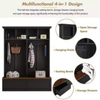 Meuble d'entrée Whisen de style ferme 4-en-1 avec banc en grain de bois, 2 grands tiroirs et 6 crochets noirs