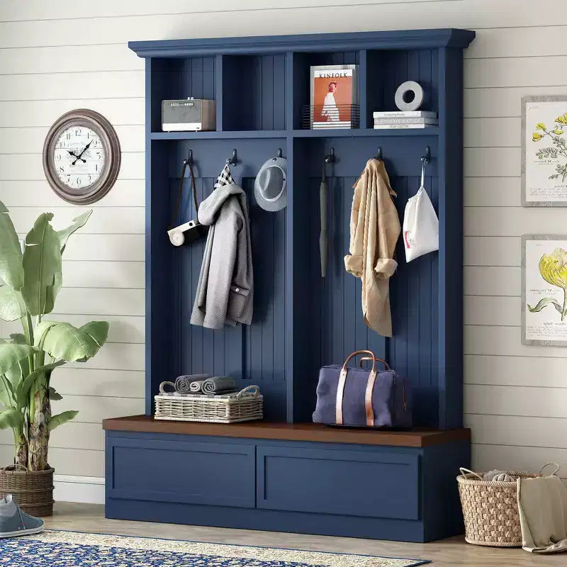 Meuble d'entrée Whisen de style ferme 4-en-1 avec banc en grain de bois, 2 grands tiroirs et 6 crochets noirs