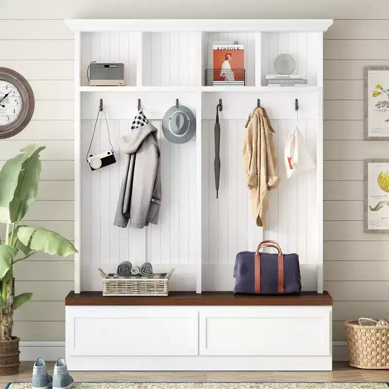 Meuble d'entrée Whisen de style ferme 4-en-1 avec banc en grain de bois, 2 grands tiroirs et 6 crochets noirs