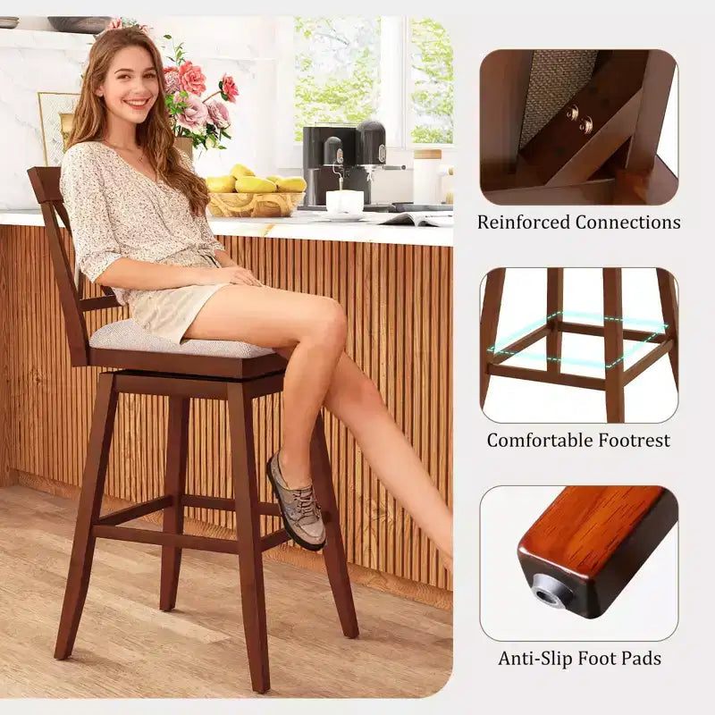 Costway Tabouret de bar 29" en bois Lot de 1/2/3/4 avec dossier incurvé Siège rembourré pivotant Chêne