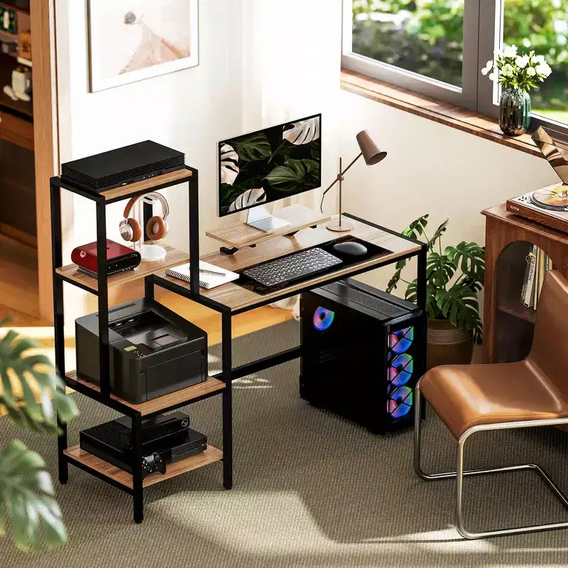 Bureau d'ordinateur HOMCOM avec support d'écran, bureau d'angle réversible à 4 niveaux pour bureau à domicile avec étagère d'imprimante ou support CPU, bureau d'écriture industriel, marron