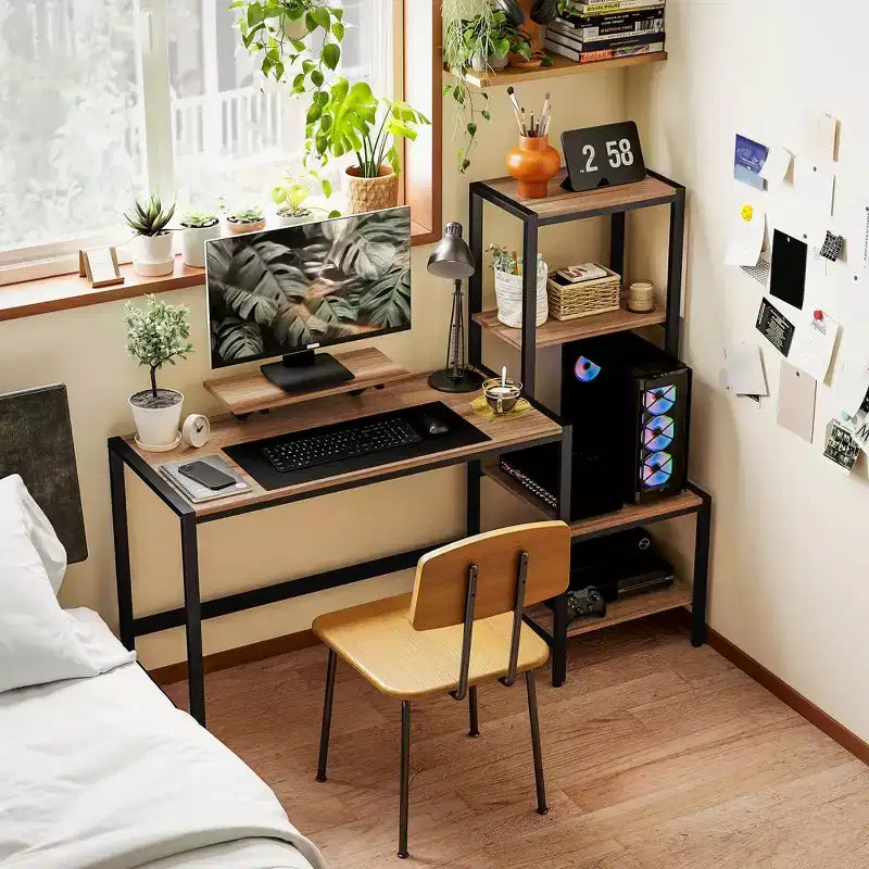 Bureau d'ordinateur HOMCOM avec support d'écran, bureau d'angle réversible à 4 niveaux pour bureau à domicile avec étagère d'imprimante ou support CPU, bureau d'écriture industriel, marron