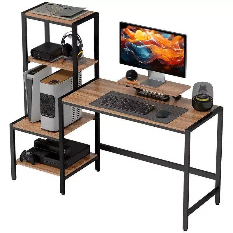 Bureau d'ordinateur HOMCOM avec support d'écran, bureau d'angle réversible à 4 niveaux pour bureau à domicile avec étagère d'imprimante ou support CPU, bureau d'écriture industriel, marron