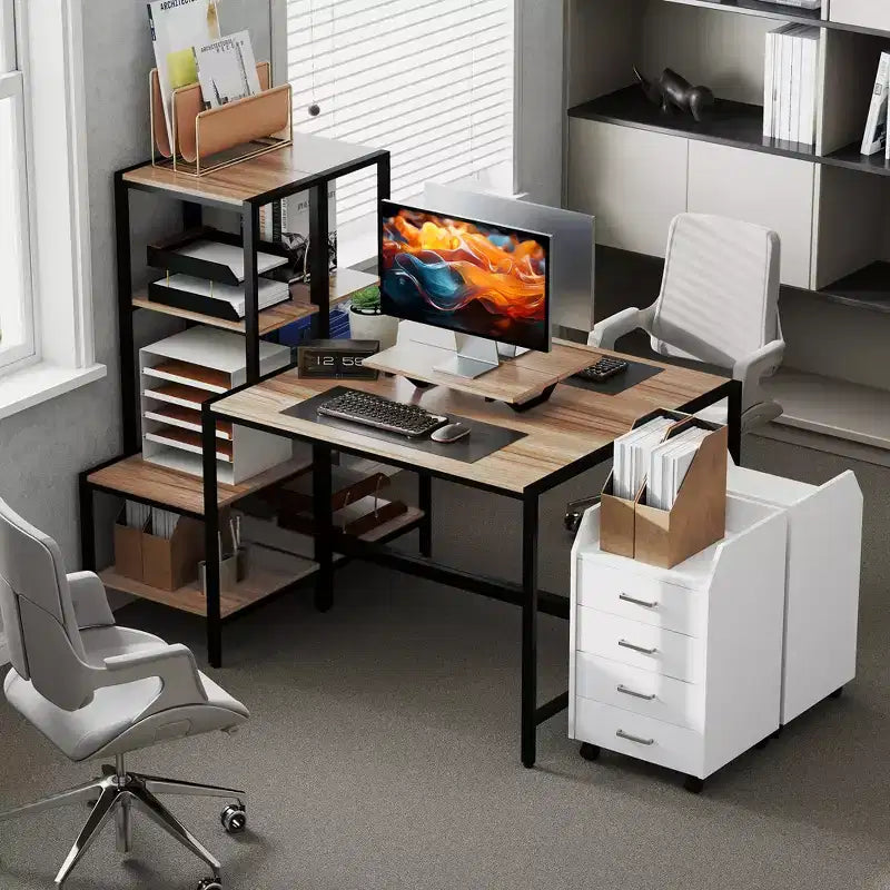 Bureau d'ordinateur HOMCOM avec support d'écran, bureau d'angle réversible à 4 niveaux pour bureau à domicile avec étagère d'imprimante ou support CPU, bureau d'écriture industriel, marron