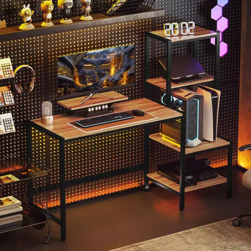 Bureau d'ordinateur HOMCOM avec support d'écran, bureau d'angle réversible à 4 niveaux pour bureau à domicile avec étagère d'imprimante ou support CPU, bureau d'écriture industriel, marron