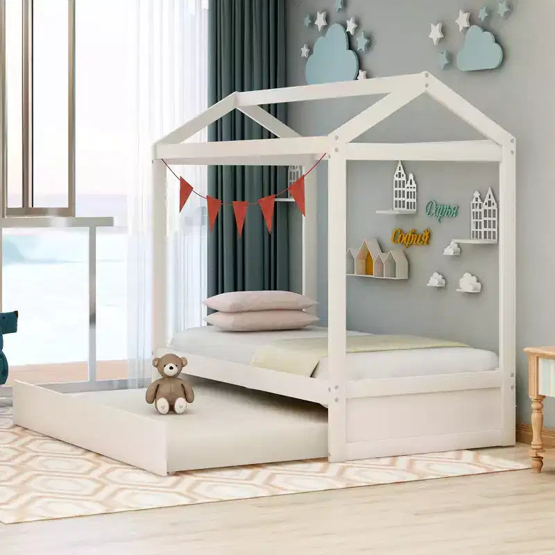 Lit cabane décorable Whisen avec lit gigogne – Blanc
