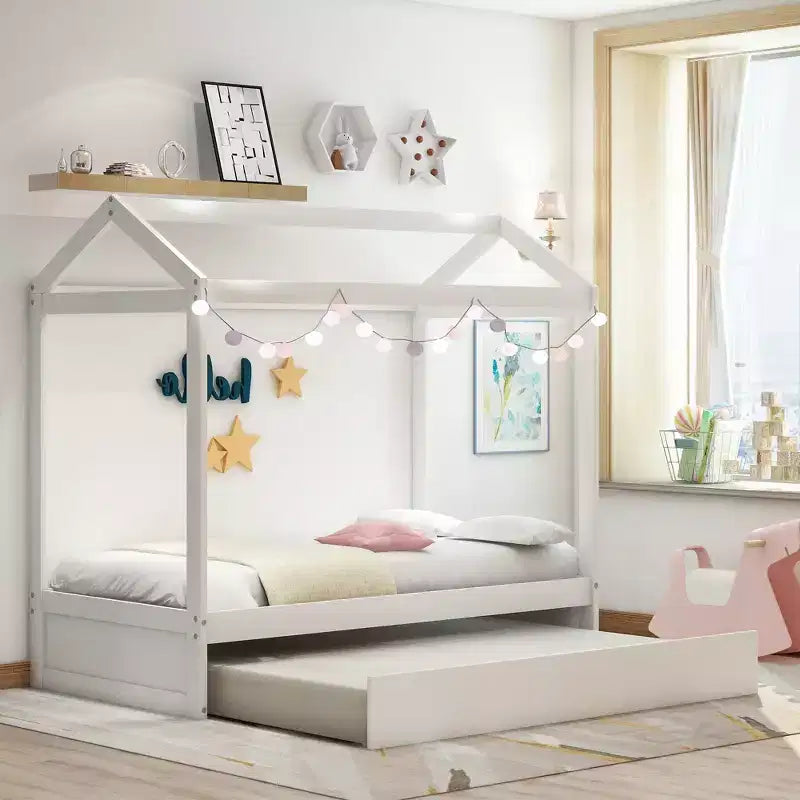 Lit cabane décorable Whisen avec lit gigogne – Blanc