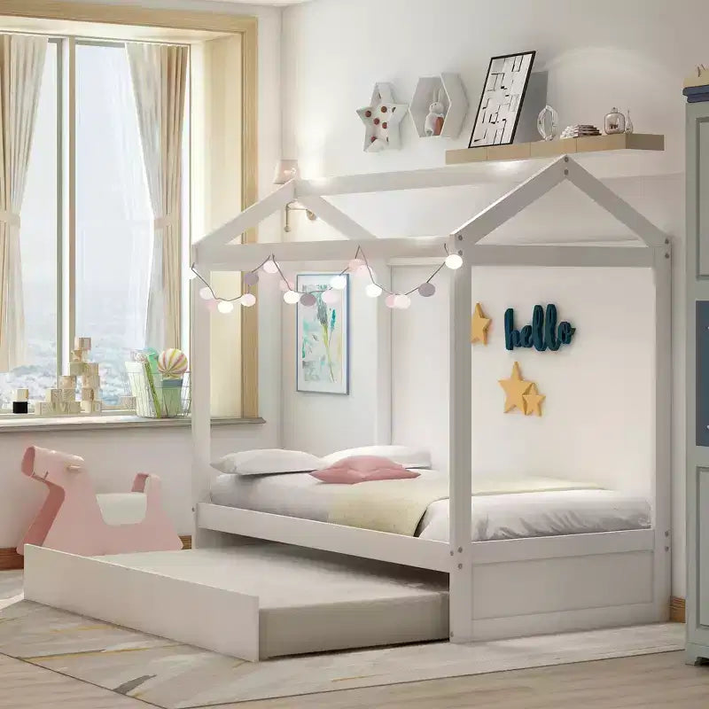 Lit cabane décorable Whisen avec lit gigogne – Blanc
