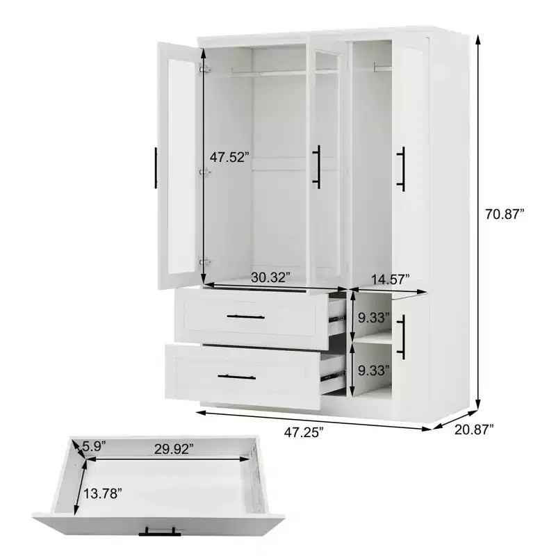 Armoire Keloyid en bois blanc de 120 cm avec 2 tiroirs et 4 portes
