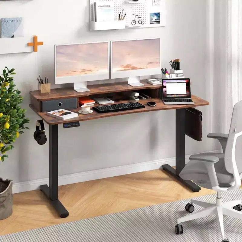 Bureau debout électrique Costway 55x 24 avec 2 tiroirs, support d'écran, étagère de rangement Noir/Blanc/Marron