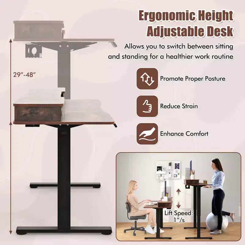Bureau debout électrique Costway 55x 24 avec 2 tiroirs, support d'écran, étagère de rangement Noir/Blanc/Marron