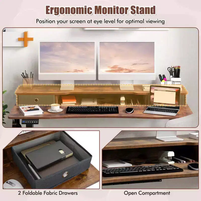 Bureau debout électrique Costway 55x 24 avec 2 tiroirs, support d'écran, étagère de rangement Noir/Blanc/Marron