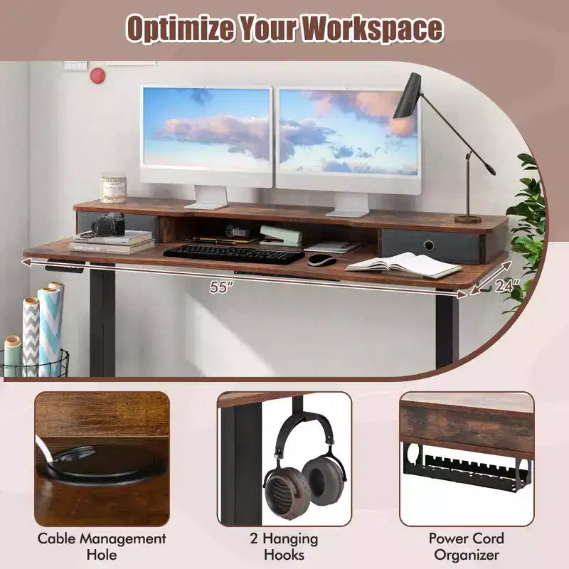 Bureau debout électrique Costway 55x 24 avec 2 tiroirs, support d'écran, étagère de rangement Noir/Blanc/Marron