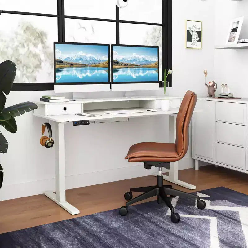 Bureau debout électrique Costway 55x 24 avec 2 tiroirs, support d'écran, étagère de rangement Noir/Blanc/Marron