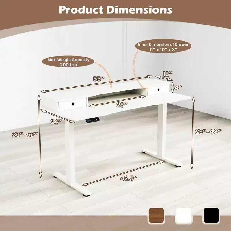 Bureau debout électrique Costway 55x 24 avec 2 tiroirs, support d'écran, étagère de rangement Noir/Blanc/Marron