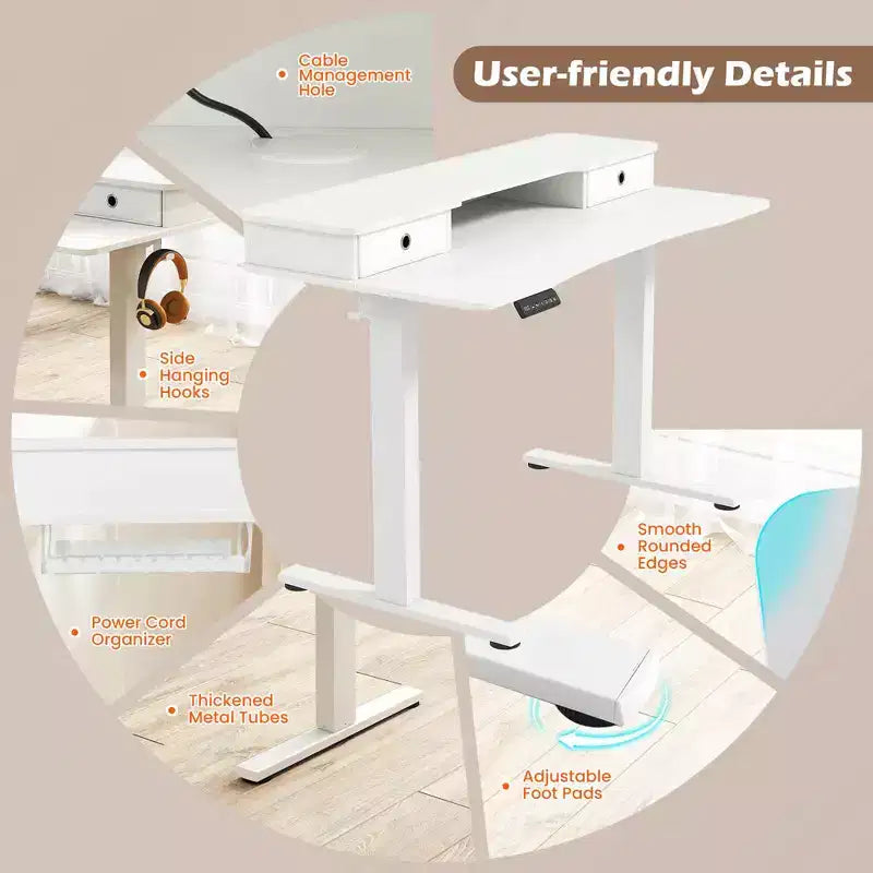Bureau debout électrique Costway 55x 24 avec 2 tiroirs, support d'écran, étagère de rangement Noir/Blanc/Marron