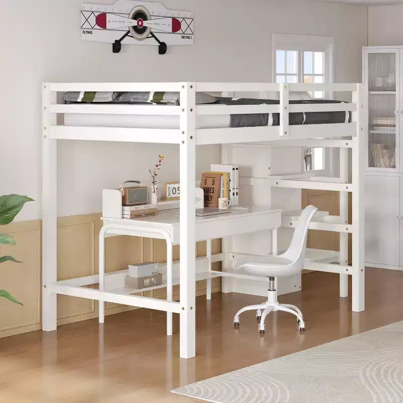 Whisen Lit mezzanine double en bois 93,8 po L x 57 po l avec armoire de rangement intégrée et escalier, espace optimisé