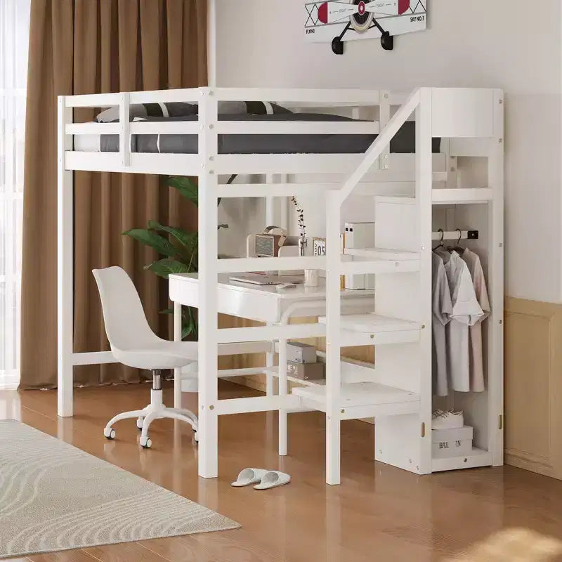Whisen Lit mezzanine double en bois 93,8 po L x 57 po l avec armoire de rangement intégrée et escalier, espace optimisé