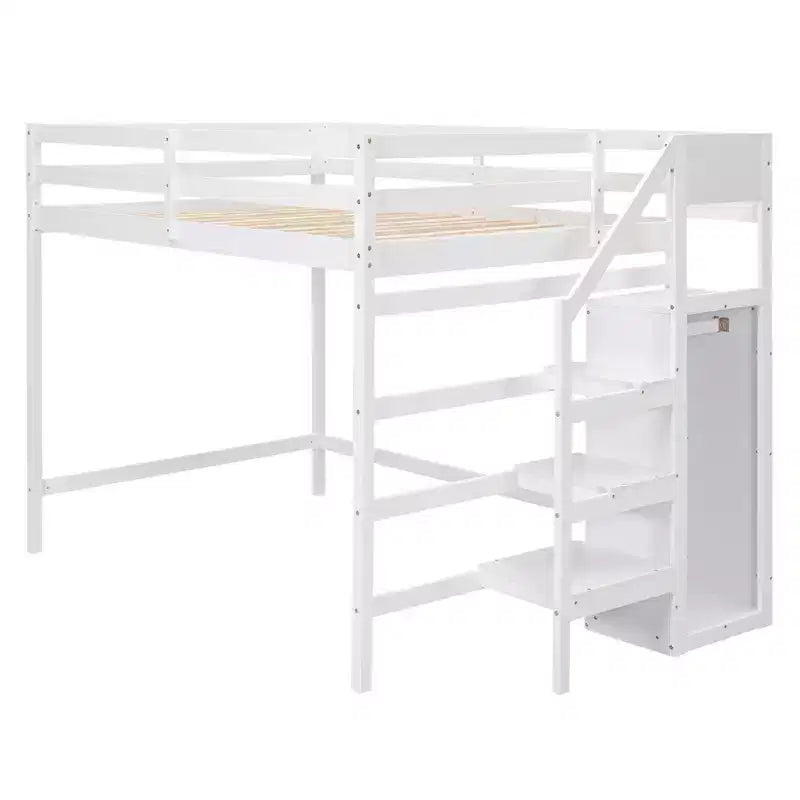 Whisen Lit mezzanine double en bois 93,8 po L x 57 po l avec armoire de rangement intégrée et escalier, espace optimisé