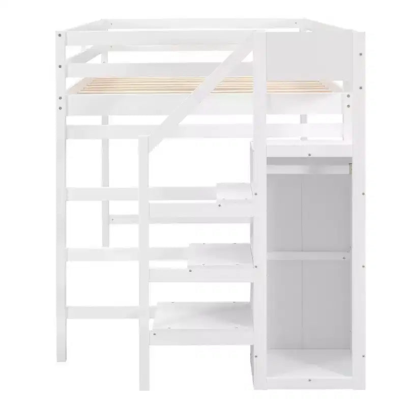 Whisen Lit mezzanine double en bois 93,8 po L x 57 po l avec armoire de rangement intégrée et escalier, espace optimisé