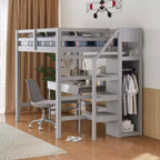Whisen Lit mezzanine double en bois 93,8 po L x 57 po l avec armoire de rangement intégrée et escalier, espace optimisé