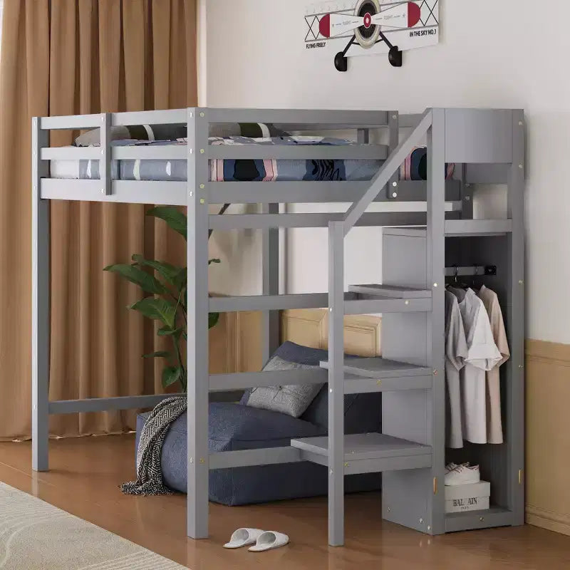 Whisen Lit mezzanine double en bois 93,8 po L x 57 po l avec armoire de rangement intégrée et escalier, espace optimisé