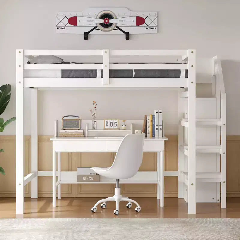 Whisen Lit mezzanine double en bois 93,8 po L x 57 po l avec armoire de rangement intégrée et escalier, espace optimisé
