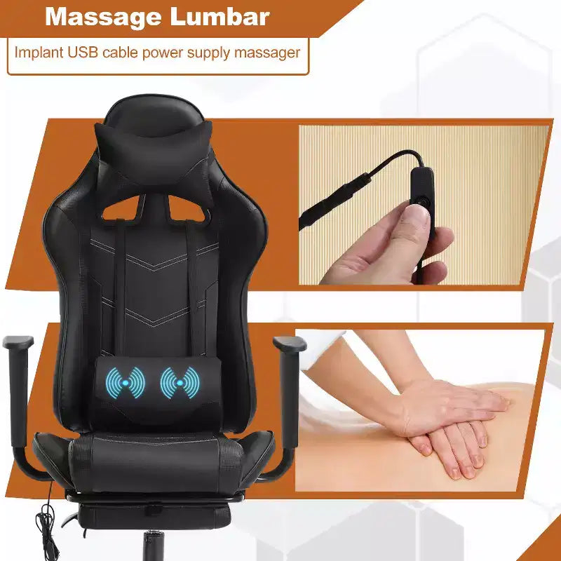 BestMassage Fauteuil de bureau gamer Racing avec fonction massage, soutien lombaire, en cuir PU pour adulte
