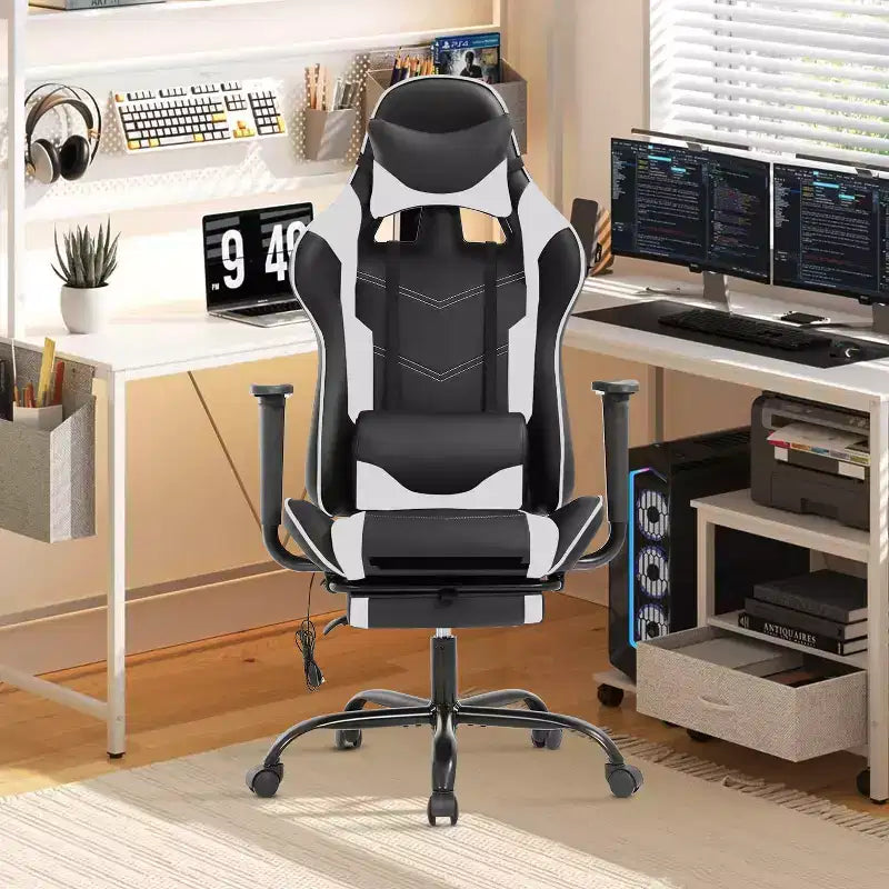 BestMassage Fauteuil de bureau gamer Racing avec fonction massage, soutien lombaire, en cuir PU pour adulte