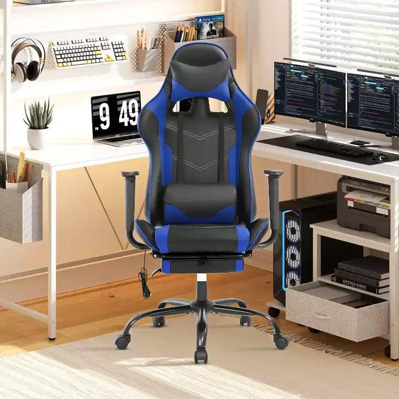 BestMassage Fauteuil de bureau gamer Racing avec fonction massage, soutien lombaire, en cuir PU pour adulte