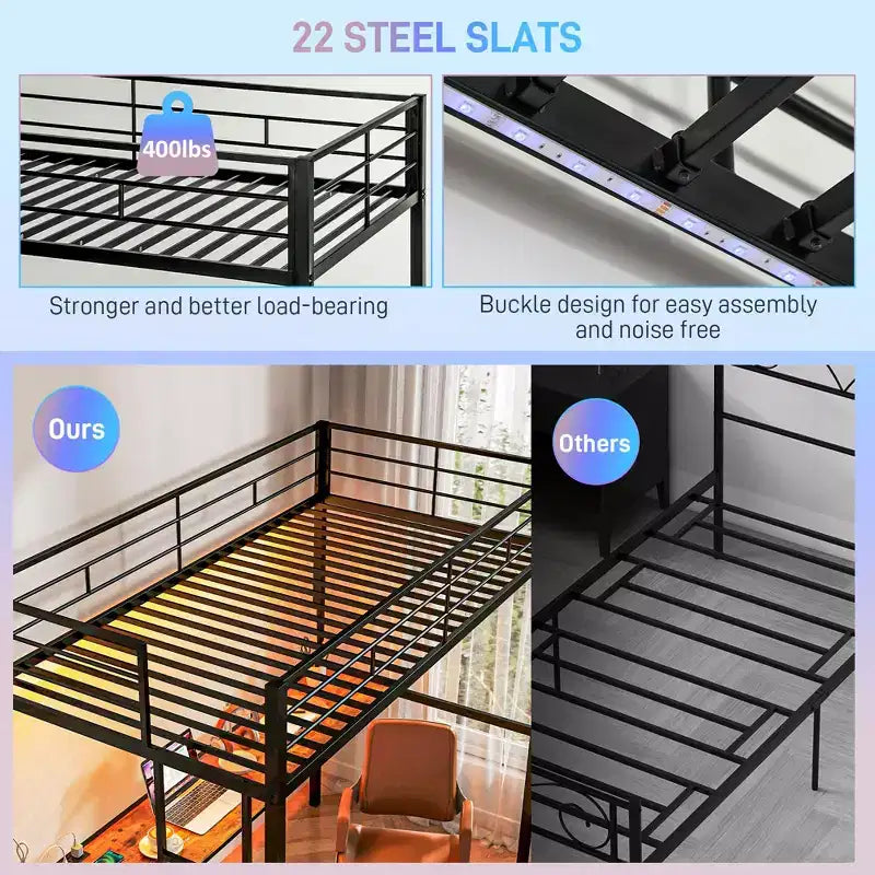 Lit mezzanine double HOMCOM avec bureau, lumières LED, station de recharge, cadre de lit mezzanine en métal double avec barrière de sécurité, échelle, sans bruit, noir