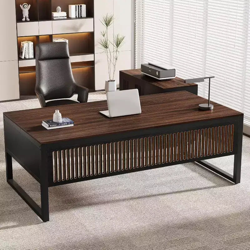 Bureau de direction en L Lantine de 63 pouces, grand bureau d'ordinateur moderne avec caisson de classement mobile pour bureau à domicile
