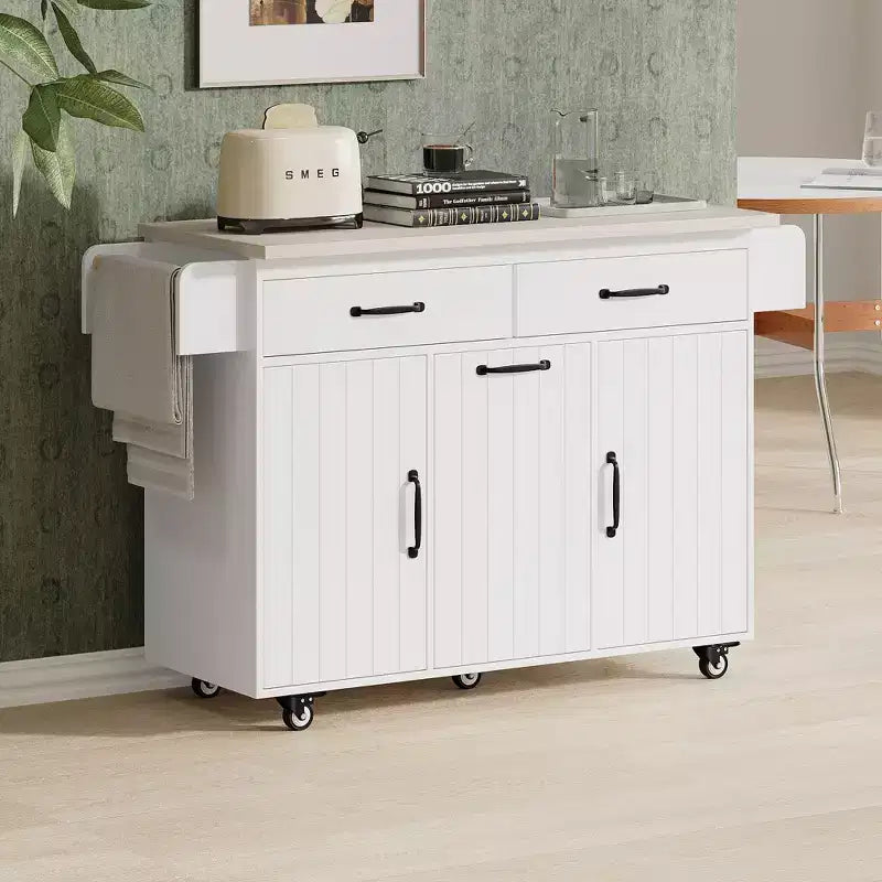 Rolling Kitchen Island with Trash Can Cabinet, Drop Leaf, Spice Rack, Towel Rack, Drawer, and Adjustable Shelf