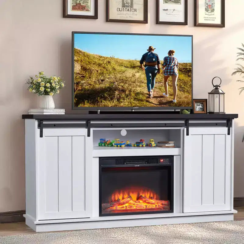 Meuble TV EROMMY 63 pour téléviseurs jusqu'à 80 pouces avec étagères de rangement ouvertes et placards