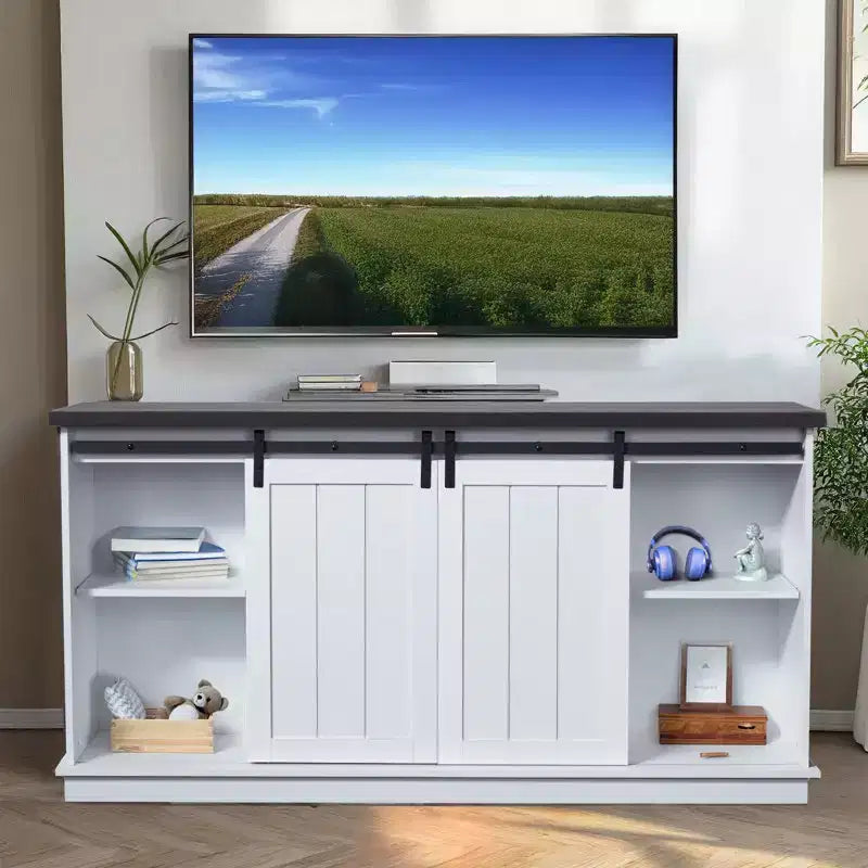 Meuble TV EROMMY 63 pour téléviseurs jusqu'à 80 pouces avec étagères de rangement ouvertes et placards