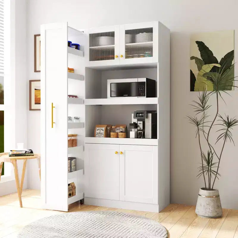 Meuble de rangement de cuisine multifonctionnel 43W Meuble de rangement de cuisine avec étagère de rangement multi-niveaux coulissante et 4 portes, Blanc-ModernLuxe