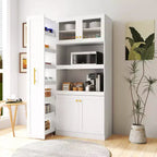 Meuble de rangement de cuisine multifonctionnel 43W Meuble de rangement de cuisine avec étagère de rangement multi-niveaux coulissante et 4 portes, Blanc-ModernLuxe