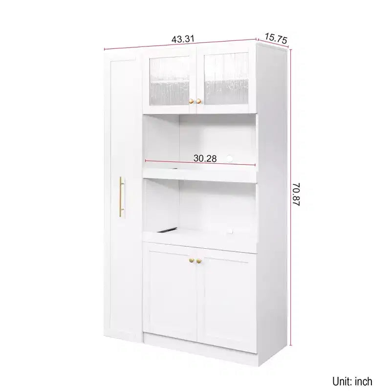 Meuble de rangement de cuisine multifonctionnel 43W Meuble de rangement de cuisine avec étagère de rangement multi-niveaux coulissante et 4 portes, Blanc-ModernLuxe
